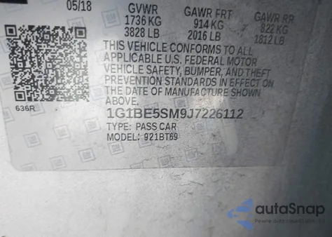 2018 Chevrolet Cruze Lt Auto z USA, uszkodzony, nr VIN 1G1BE5SM9J7226112